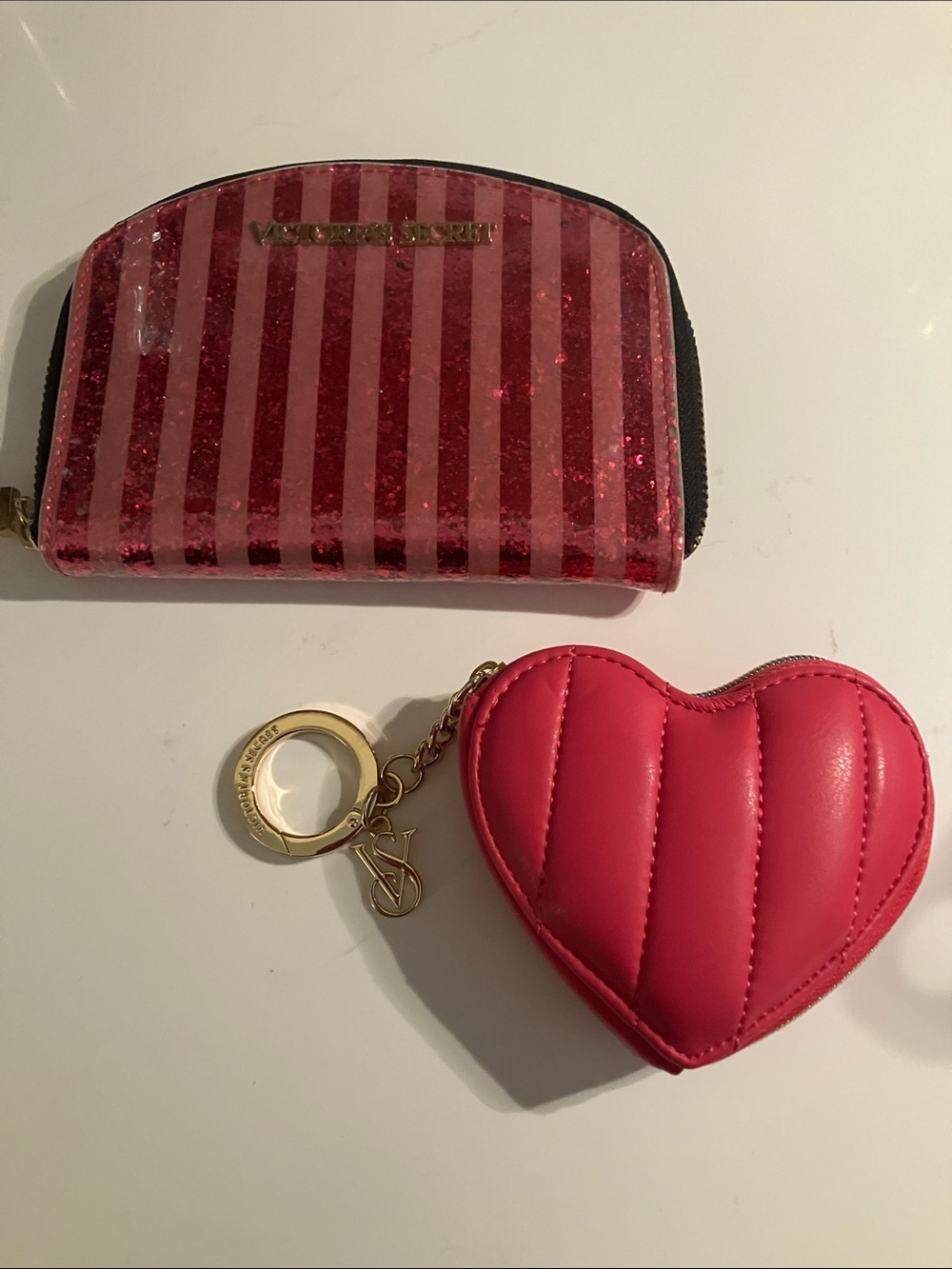 Victoria's Secret Pink Striped Glitter Zip Makeup case & Quilted Heart Key Pouch